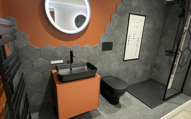 Matt Black Vanity Basin, Toilet, Towel Rail and Walk-in Shower | B-Spoke Bathroom Showroom Cardiff